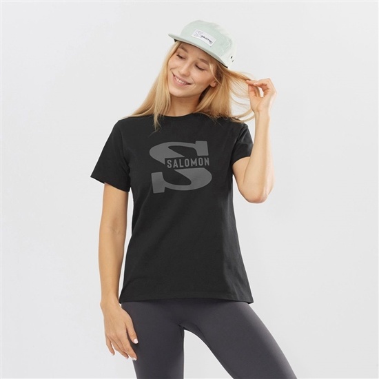 Black Women's Salomon OUTLIFE BIG LOGO Short Sleeve T Shirts | 562-LKPBUS